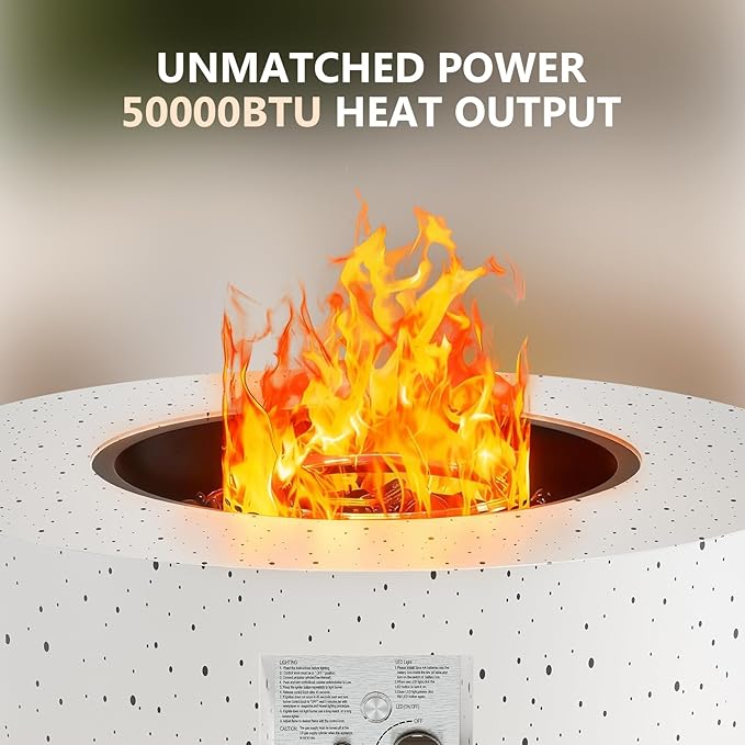 Dineli 2-Piece Outdoor Propane Fire Pit Table Set w Tank Table 30'' Round Fire Pit Table 2-in-1 Firepit Table for Outside Patio Gas Fire Pit w LED, 50,000 BTU, Speckled White with Warmlight