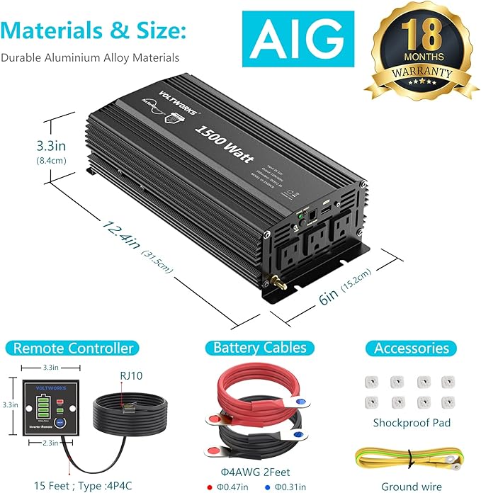 Power Inverter 1500Watt Pure Sine Wave Inverter 12V to 110V 120V AC with UL Fuses Compatible with Lithium Battery for Home RV Truck Off-Grid Solar with 15FT Battery Level Monitor Remote by VOLTWORKS