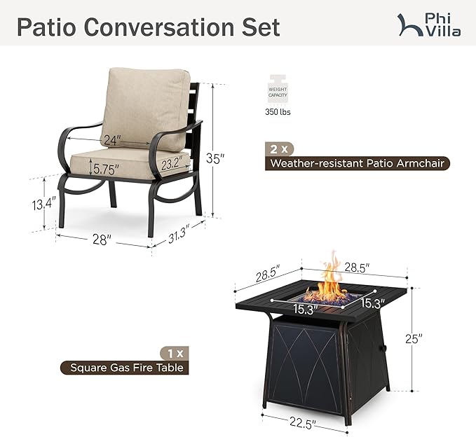 PHI VILLA 5 Piece Patio Furniture Set with 28" Firepit Table, 4 Outdoor 5.75" Cushioned Metal Frame Sofa Chairs & 28" Gas Firepit Table, Outside Furniture Set for Lawn Garden