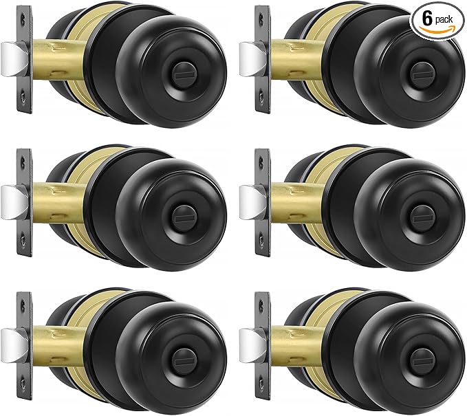 RAZCC Privacy Door Knobs, 6 Pack Matte Black Door Knobs with Lock, Bed and Bath Door Knob Interior Keyless Locksets, Round Door Handles Reversible for Left Right Handed Doors