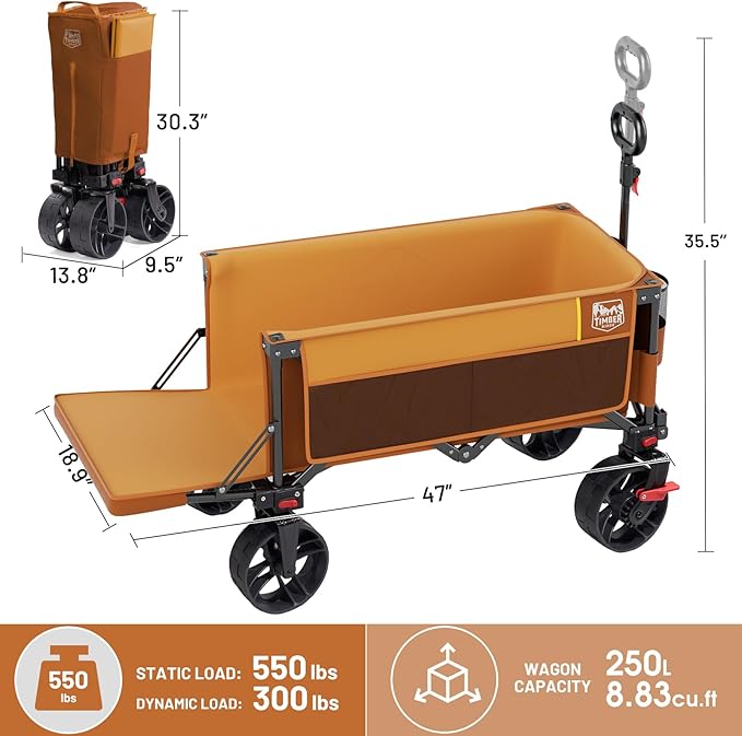 TIMBER RIDGE 47"L Collapsible Folding Wagon with Tailgate, 550lbs Heavy Duty Beach Wagon with All-Terrain Big Wheels, 250L Foldable Utility Wagon Cart for Sand Camping Sports Shopping, Orange
