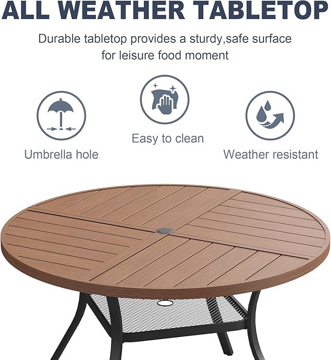 VICLLAX Round Patio Dining Table, 4-6 Person Metal Outdoor Dining Table with Umbrella Hole and Storage Shelf for Garden Lawn Deck, 47.2" Walnut