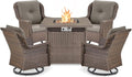 Outdoor Patio Swivel Gliders with Fire Pit Table 5 Piece Set - High Back Brown Wicker Rattan Rocking Chair with Thick Cushion for Porch Apartment Deck Yard Poolside Garden - Grey