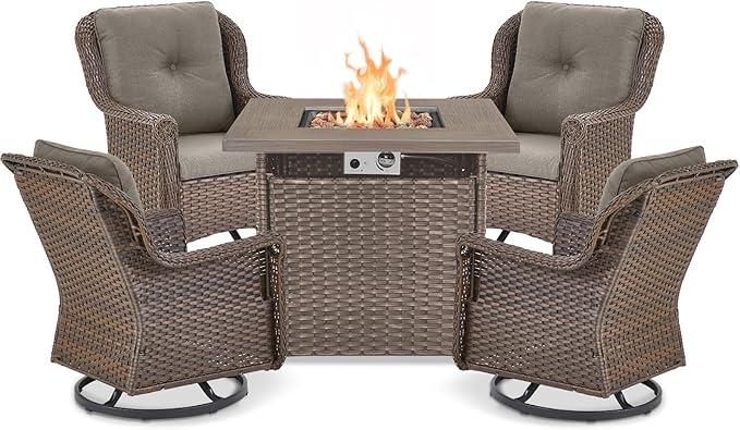 Outdoor Patio Swivel Gliders with Fire Pit Table 5 Piece Set - High Back Brown Wicker Rattan Rocking Chair with Thick Cushion for Porch Apartment Deck Yard Poolside Garden - Grey