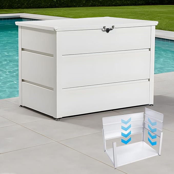 Quictent Deck Box outdoor 150 Gallon, Easy Assemble Metal Storage Box,Lockable Waterproof Weather-Resistant storage cabinet for Patio Furniture Cushions, Throw Pillows, Garden Tools and Pool Toy,White