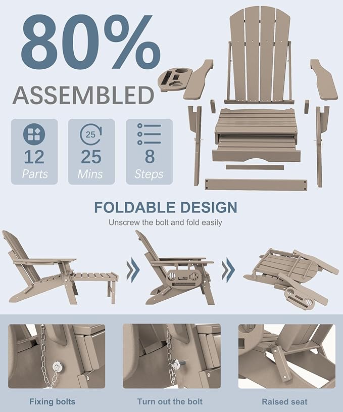 Adjustable Adirondack Chair with Retractable Ottoman Set of 4, HDPE Folding Adirondack Chair with Cup Holder, All Weather Fire Pit Chair for Outdoor.
