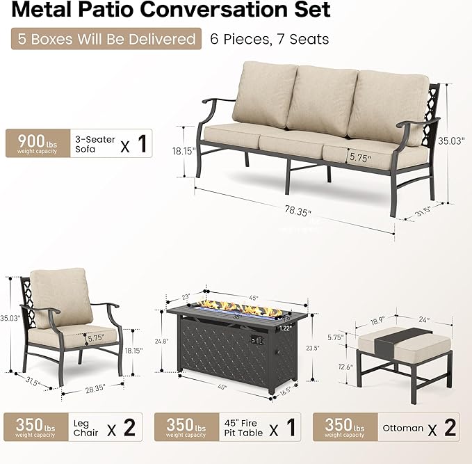 SUNSHINE VALLEY Patio Furniture Set with Firepit Table, Metal Outdoor Patio Furniture, 2 Single Chairs, 3 Seater Sofa, 2 Ottomans with 5.75" Extra Thick Cushion and Gas Firepit Table for Backyard Deck