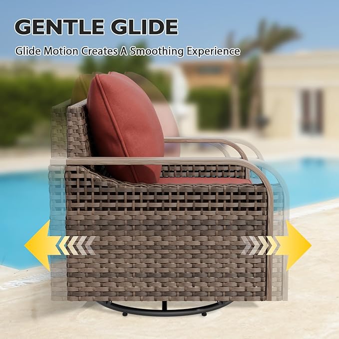 EAGLE PEAK Modern Wicker Outdoor Glider Rocking Chair, Swivel Rocker, Rattan Patio Furniture for Yard Deck Porch Garden, 4 Chairs, Brown/Red