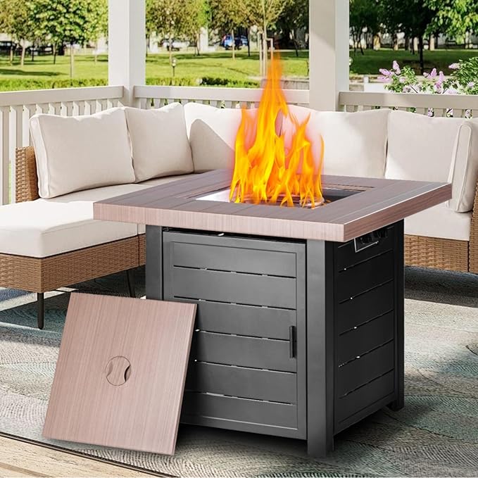 28 Inch Propane Fire Pit Table, Outdoor Gas Fire Pits with Lid & Lava Rock, 50000 BTU Firepit for Dinning, Party in Outside, Patio, Garden or Yard(Black&Brown)