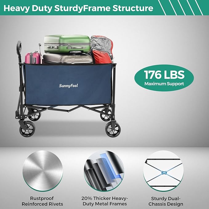 SUNNYFEEL Collapsible Wagon Cart with Wheels Foldable - 176lbs Standard Borderless Version Wagon Carts for Grocery Sports Garden Shopping Camping(Blue, 164L)