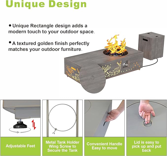 Dineli 2-Piece Outdoor Propane Fire Pit Table Set w Tank Table 48'' Rectangular Firepit Gas Fire Pits for Outside Patio Fire Table w LED, 50,000 BTU (Gray, Deer Cutout with Warmlight)