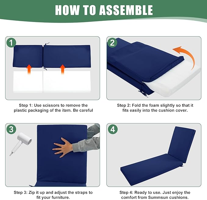 Chaise Lounge Cushions Outdoor Set of 2 - Waterproof and Fade Resistant Sun Lounger Replacement Cushions - Patio Lounger Pads with Removable Cover for Pool, Deck, 80 x 26 x 3 Inch, Navy