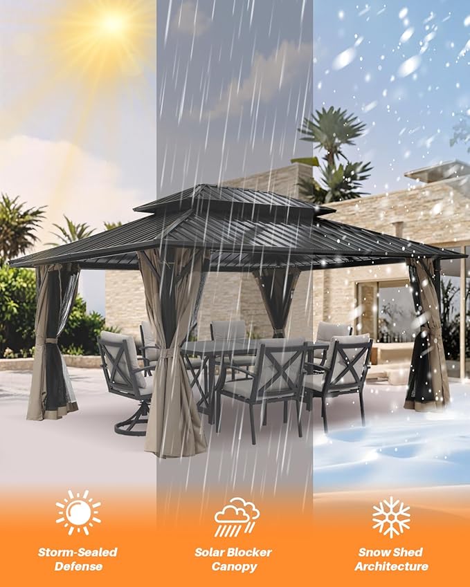 SEEHILL 10' x 12' Hardtop Gazebo, Aluminum Frame Outdoor Patio Gazebo with Netting and Curtains, Outdoor Hardtop Gazebos, Patio Pergolas with Double Metal Roofs for Backyard, Patio, Deck, Sandstone