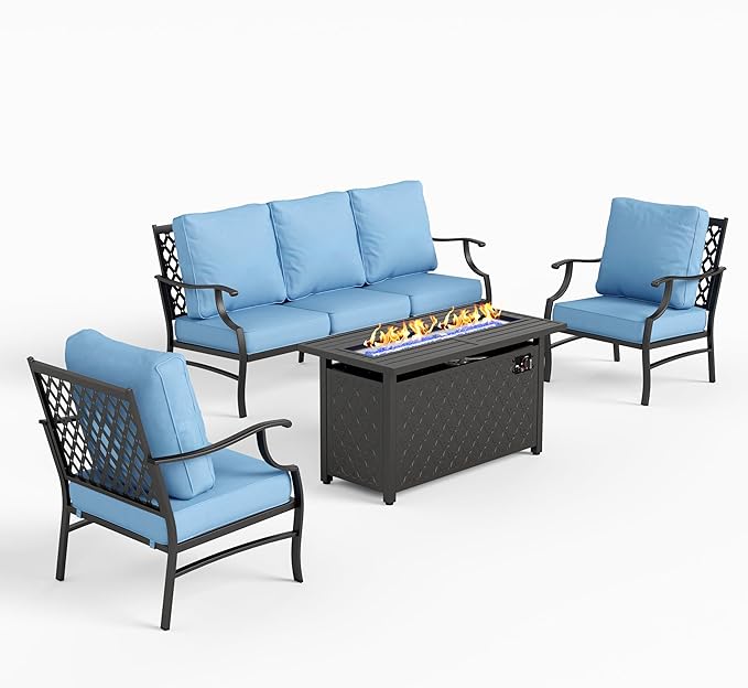 SUNSHINE VALLEY 4 Piece Metal Outdoor Patio Furniture Sets with 5000 BTU Firepit Table, Patio Conversation Sets 1 3-Seater Sofa, 2 Fixed Chair with 5.75" Thick Cushion, Black Backyard Furniture, Blue