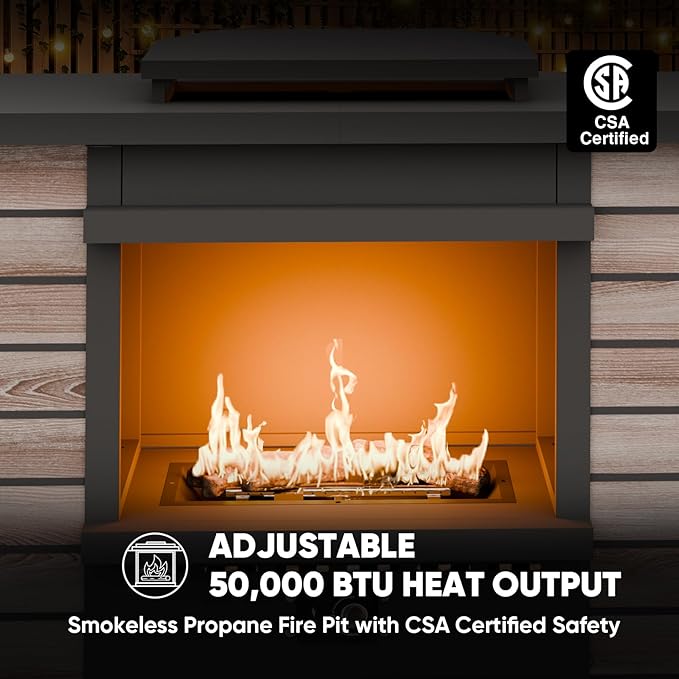 EAGLE PEAK Outdoor Propane Fireplace 50,000 BTU Ventless Gas Fireplace with Hidden Storage & Adjustable Flame, Patio Heater for Decks Backyards, Gray/Tan