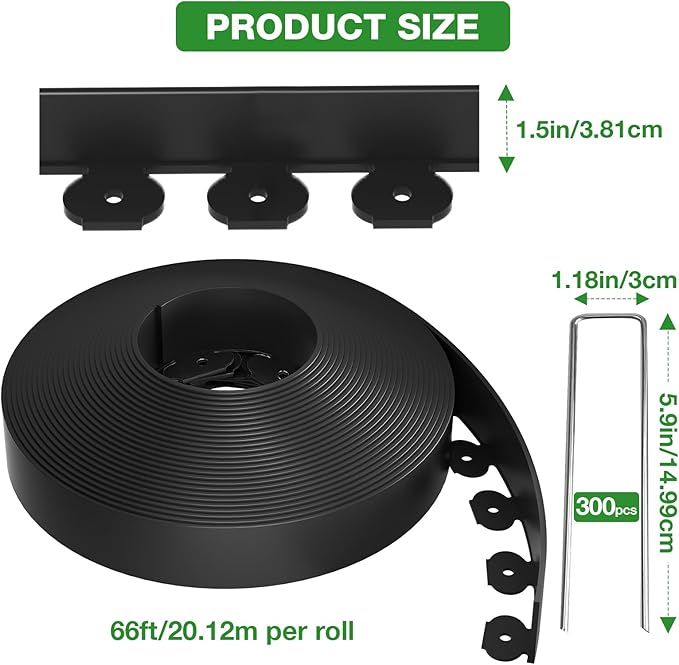 200ft,1.5in Tall Landscape Edging Kit with 300 Metal Spikes, No-Dig Flexible Plastic Edge Border for Landscaping, Lawn,Garden,Flower Beds,Yard,Paver,Playground, Fence,Pathway,Black,3pack, 66.7ft Each