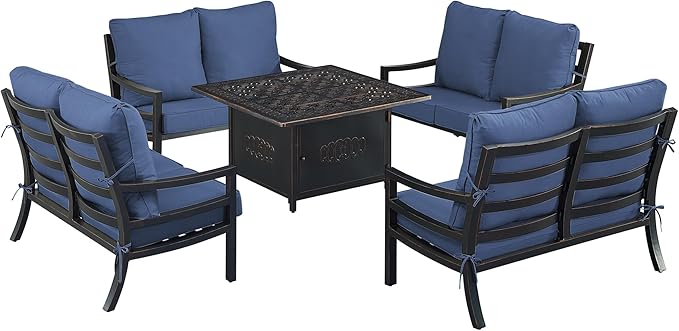 Oakland Living Black Aluminum Patio Fire Table Set with Four Deep Seating Loveseat with Cushions with Blue Cushions