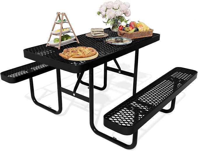 HIMcup 4FT Rectangular Steel Outdoor Picnic Table,Commercial Black Picnic Table Bench Set with Umbrella Hole, Weather-Resistant Heavy Duty School Dining Table for Patio, Garden, Backyard