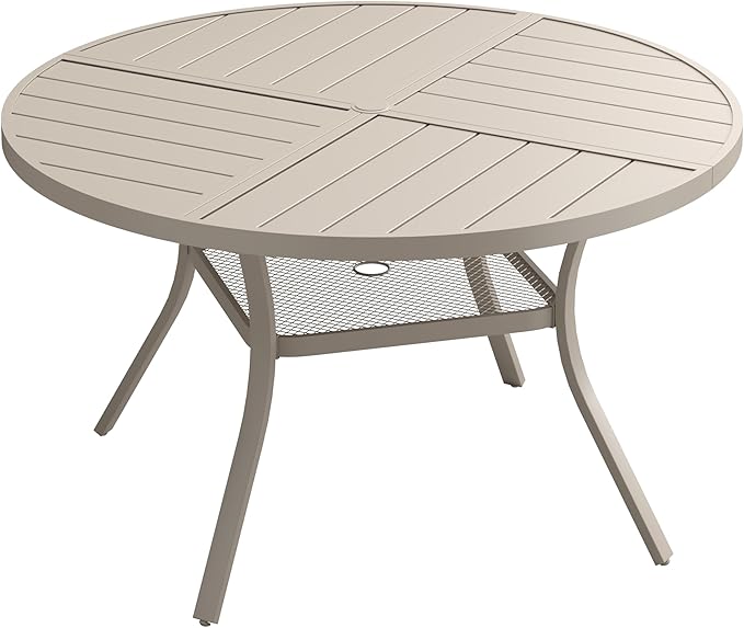 VICLLAX Round Patio Dining Table, 4-6 Person Metal Outdoor Dining Table with Umbrella Hole and Storage Shelf for Garden Lawn Deck, 47.2" Sandshell