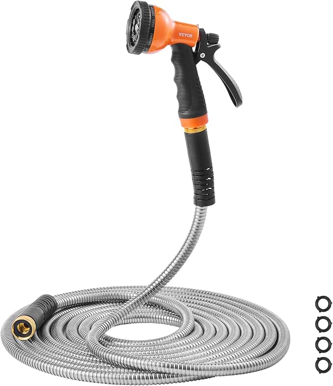 VEVOR Metal Garden Hose 25 ft, Rust Proof Stainless Steel Water Hose, Heavy Duty Backyard Hose with 10 Function Nozzle, No-Kink & Flexible Water Pipe, Lightweight Metal Hose for Yard, Outdoor