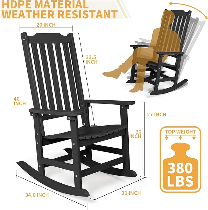Outdoor Rocking Chairs Set of 2, Oversized All Weather High Back Porch Rocker, Patio Rockers for Outside