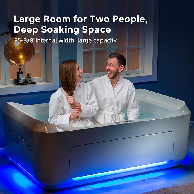 WOODBRIDGE 70-7/8"L x 47-1/4"W 2 Person Freestanding Hydrotherapy Whirlpool and Air Bath Heated Soaking Combination Massage Tub with Adjustable Speed Air Blower and Display Control Panel, B0091