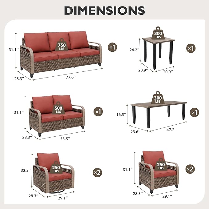 EAGLE PEAK Modern Wicker Outdoor Patio Furniture Set, Patio Conversation Set, 2 Chairs, 2 Swivel Rocker Chairs, 3-Seat Sofa, Loveseat, Coffee Table and Side Table, 8 Pieces, Brown/Red