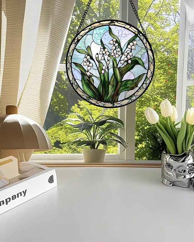 AMDERVEN Stained Glass Window Hanging, White Green Lily of The Walley Flowers Sun Catcher for Door Home Decor Plants Suncatcher Christmas Mother's Day Birthday Gifts for Women Men Mom Nana 9.8 in