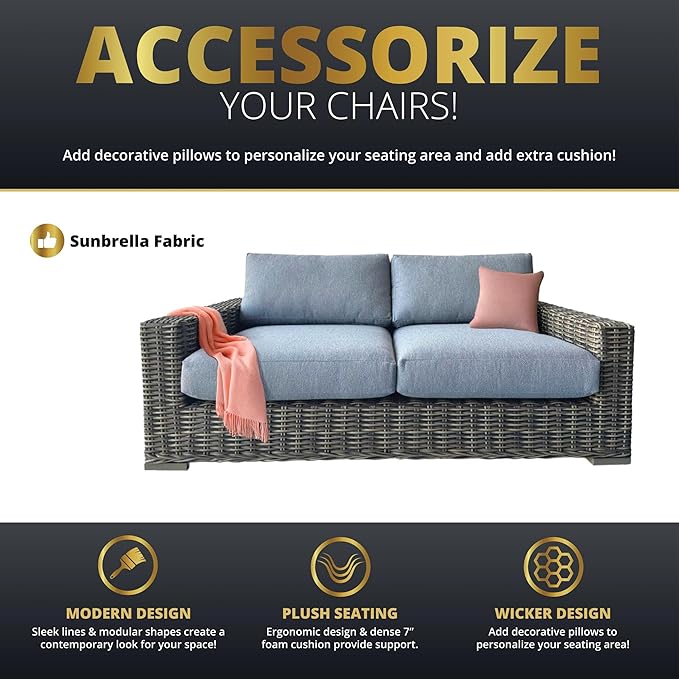 Mazatzal 4 Piece Outdoor Patio Furniture Set with 42 Inch Grey Propane Fire Pit, Wicker Rattan Outdoor Loveseat and Stationary Chairs, Aluminum Frame, Includes Fire Glass & Wind Guard