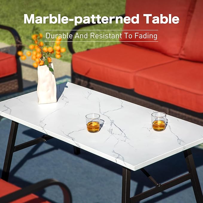 SUNSHINE VALLEY 4 PCS Metal Outdoor Patio Furniture Set, Patio Conversation Sets 3-Seater Sofa, 2 Swivel Chairs with 5.75" Extra Thick Cushion & Coffee Table, Black Frame Backyard Furniture, Rust Red