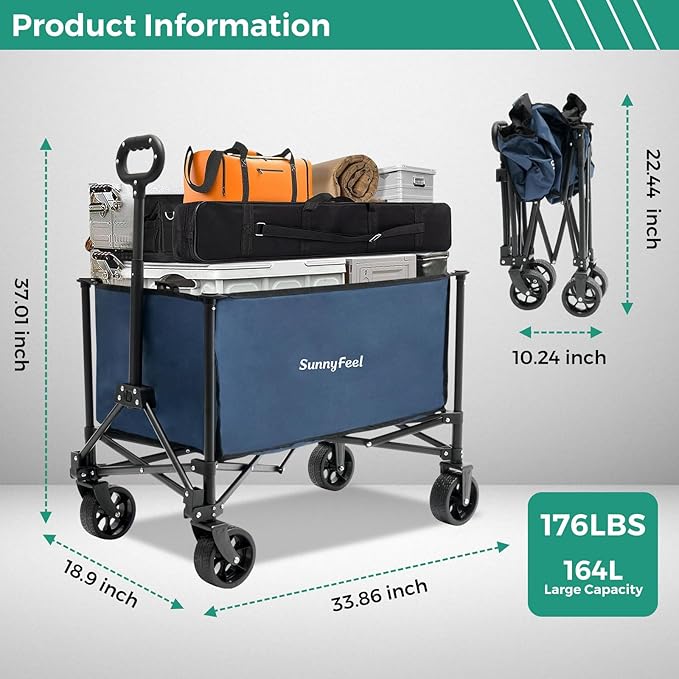 SUNNYFEEL Collapsible Wagon Cart with Wheels Foldable - 176lbs Standard Borderless Version Wagon Carts for Grocery Sports Garden Shopping Camping(Blue, 164L)