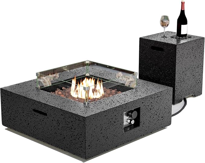 SUNBURY Outdoor Travertine Fire Pit Table, 35 in Square Propane Gas Patio FirePit 50000 BTU, Firepit Table with Lava Rocks, Wind Guard, Propane Tank Cover, Waterproof Cover (Grey)