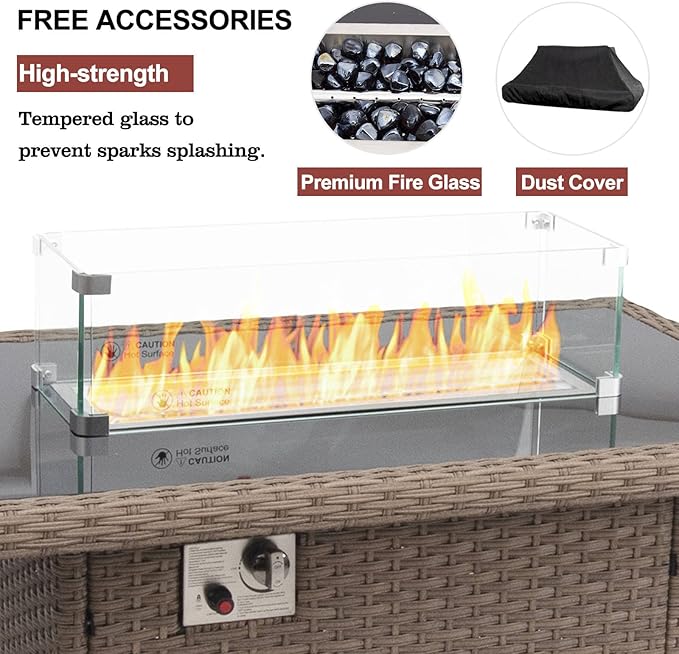DIMAR GARDEN Outdoor Wicker Fire Pit Table, Propane Gas Fire Table with Glass Wind Guard, Modern Life Luxury Choice, 50,000 BTU 43in