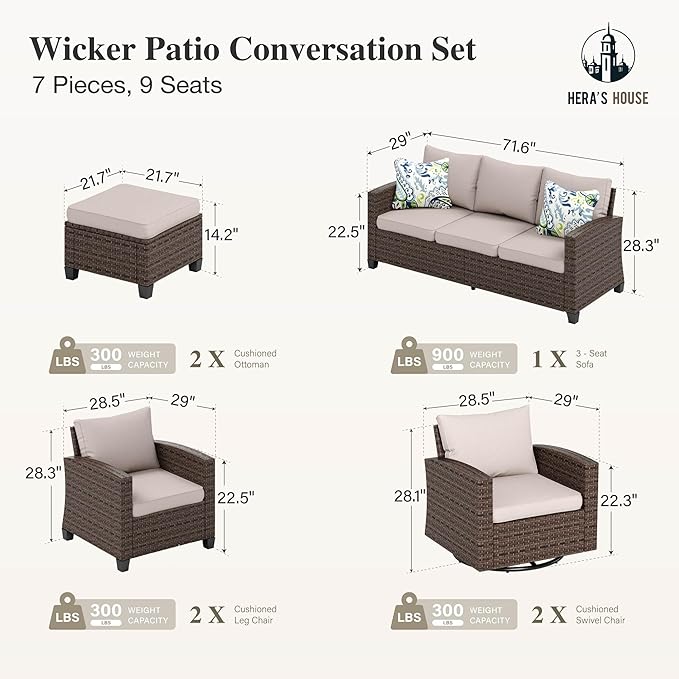 HERA'S HOUSE Swivel Glider Patio Furniture Set, 7 Pieces Wicker Outdoor Seating Furniture, Patio Conversation Sofa Sets for Lawn Backyard Deck, Beige