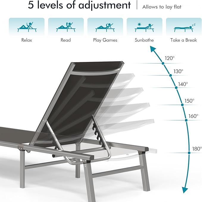Ciokea Aluminum Chaise Lounge Ourdoor - Foldable & Assemble Free Outdoor Lounge Chair with 5 Adjustable Backrest, Patio Lounge Chair for Outside Poolside Beach Pool, Grey