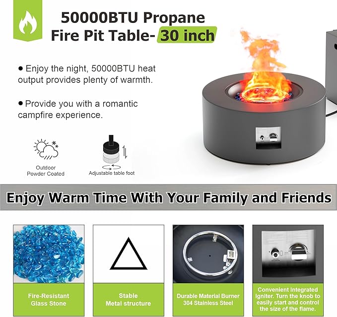 Dineli 2-Piece Outdoor Propane Fire Pit Table Set w Tank Table 30'' Round Fire Pit Table 2-in-1 Firepit Table for Outside Patio Gas Fire Pit Fireplace, 50,000 BTU, Dark Gray