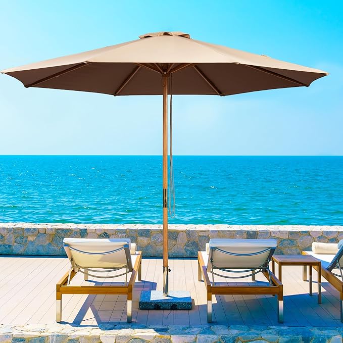9ft Bamboo Umbrella, Outdoor Patio Umbrella, Waterproof Market Umbrella, 8 Ribs Table Umbrella with Pulley Lift for Garden, Deck, Pool, lawn, Backyard