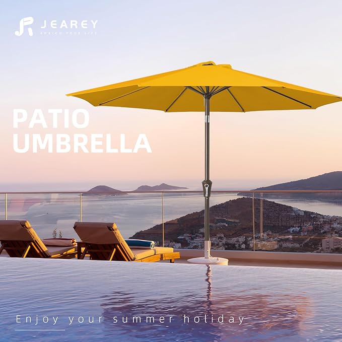 JEAREY 9FT Outdoor Patio Umbrella Outdoor Table Umbrella with Push Button Tilt and Crank, Market Umbrella 8 Sturdy Ribs UV Protection Waterproof for Garden, Deck, Backyard, Pool (Bright Orange)