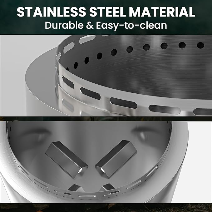 19 Inch Smokeless Fire Pit, Portable Outdoor Stainless Steel Fire Pit for Patio Backyard Garden Camping, Smokeless Technology