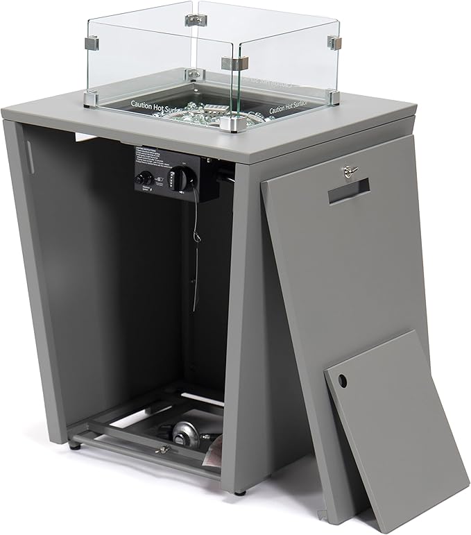 LeisureMod Chelsea 32" Modern Gas Fire Pit Table – 37,000 BTU CSA Certified Propane Steel Outdoor Table with Tempered Glass Wind Guard and Lid for Patio (Grey)