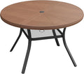 VICLLAX Round Patio Dining Table, 4-6 Person Aluminum Outdoor Dining Table with Umbrella Hole and Storage Shelf for Garden Lawn Deck, 47.2" Walnut