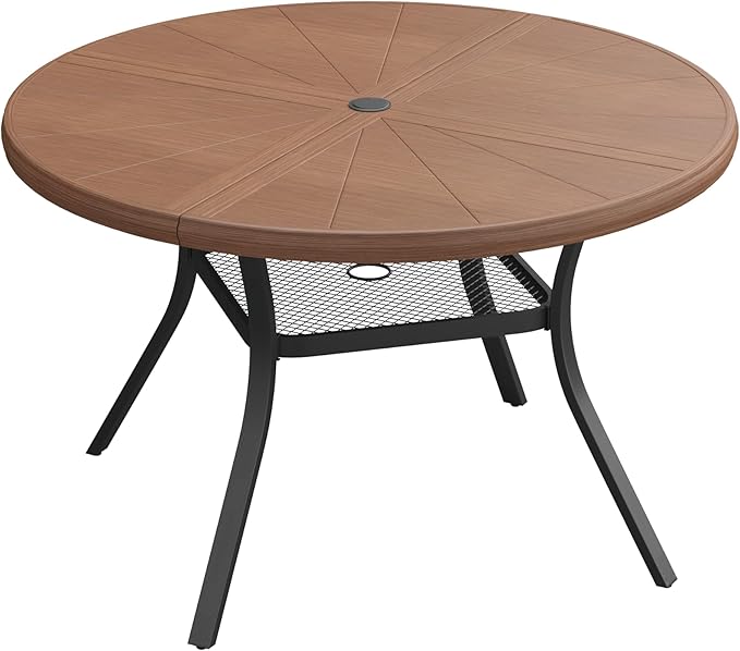 VICLLAX Round Patio Dining Table, 4-6 Person Aluminum Outdoor Dining Table with Umbrella Hole and Storage Shelf for Garden Lawn Deck, 47.2" Walnut