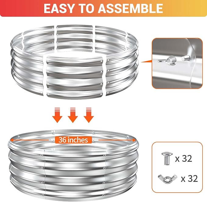 36 Inch Fire Pit Ring for Outside, Heavy Duty High Heat Resistant Outdoor Wood Burning Firepit & Fireplace, 12" Tall,Portable Galvanized Steel Fire Pits Bowl for Backyard Bonfire,Patio,Camping,Round
