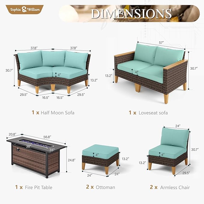 Sophia & William Patio Furniture Set with Fire Pit Table, 9 Piece Half Moon Outdoor Wicker Sectional Sofa Set, Rattan Conversation Set with 56-Inch Fire Pit Table & Ottoman (Aqua Blue)