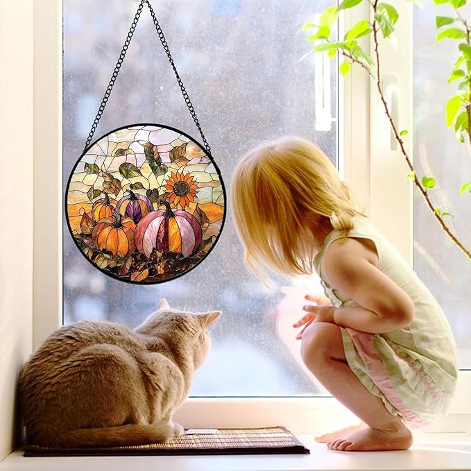 DASTOLL Stained Glass Window Hanging, Pumpkin Sunflower Suncatcher Diamond Glass Panel Sun Catchers Decor for Birthday for Women, Men, Wife, Aunt, and Mom 14.9x14.9 in