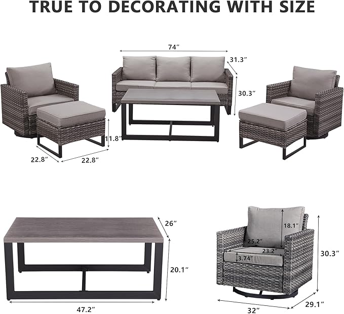 HUMMUH 6 Piece Patio Furniture Set Outdoor Sectional Sofa,High Back Patio Swivel Rocker Chairs with Ottomans Coffee Table for Porch,Garden,Backyard