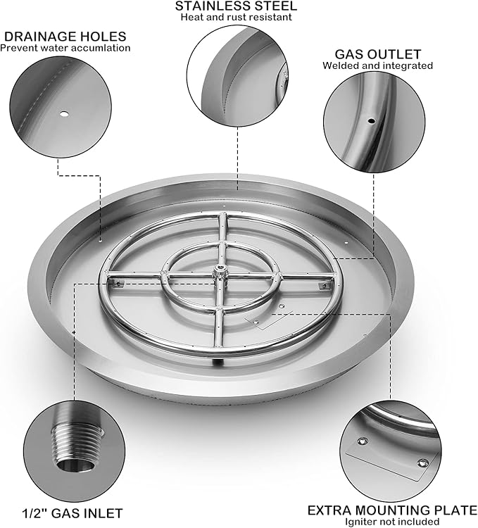 Stanbroil 31 Inch Drop-in Round Fire Pit with Spark Ignition Kit, Gas Firepit Insert for DIY Project, Propane Gas Version,304 Stainless Steel