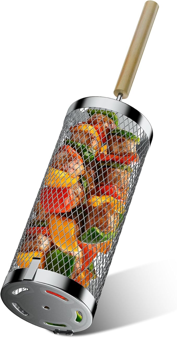 Rolling Grill Basket,304 Stainless Steel Grill Basket with Removable Wooden Handle,BBQ Tool & Smoker Accessory for Veg & Shrimp,Ideal for Outdoor Cooking,Camping & Gifts for Dad/Husband/Men-Large
