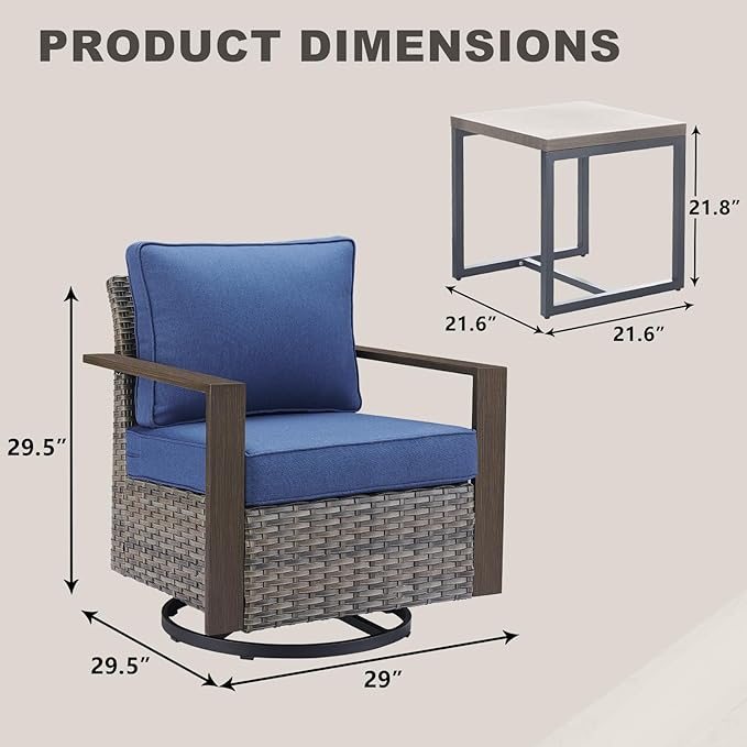Outdoor Patio Swivel Rocker Chairs - 3 Piece Wicker Patio Furniture Bistro Set with 2 Swivel Rocking Chairs and 1 Metal Side Table,Thick Cushions,Deep Seating for Deck Porch Garden(Mixed Grey/Blue)