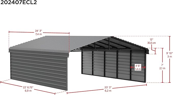 Arrow Carports Galvanized Steel Carport, with 2-Sided Enclosure, Compact Car Metal Carport Kit, 20' x 24' x 7', Charcoal